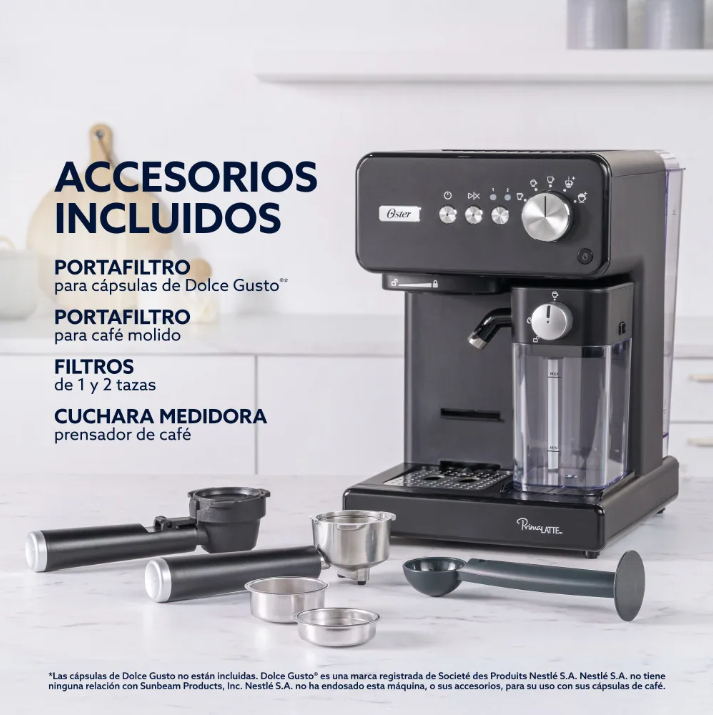 Cafetera Espresso Oster® PrimaLatte™ 15 Bares Espumador Automático (Negro)