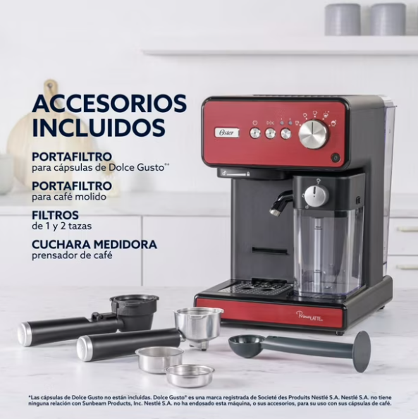 Cafetera Espresso Oster® PrimaLatte™ Roja Acero Inoxidable